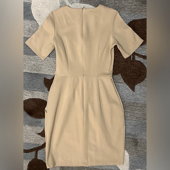 Obakki Short Sleeve Structured Sheath Dress w Front Slash Pockets in Camel - Picture 5 of 9